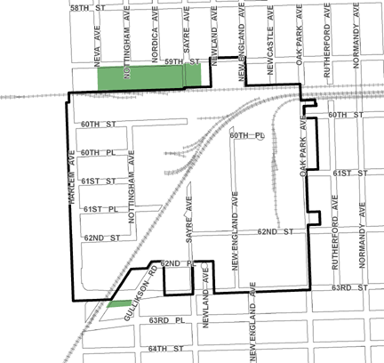 Harlem Industrial Park TIF district, roughly bounded on the north by 59th Street, 63rd Street on the south, Oak Park Avenue on the east, and Harlem Avenue on the west.